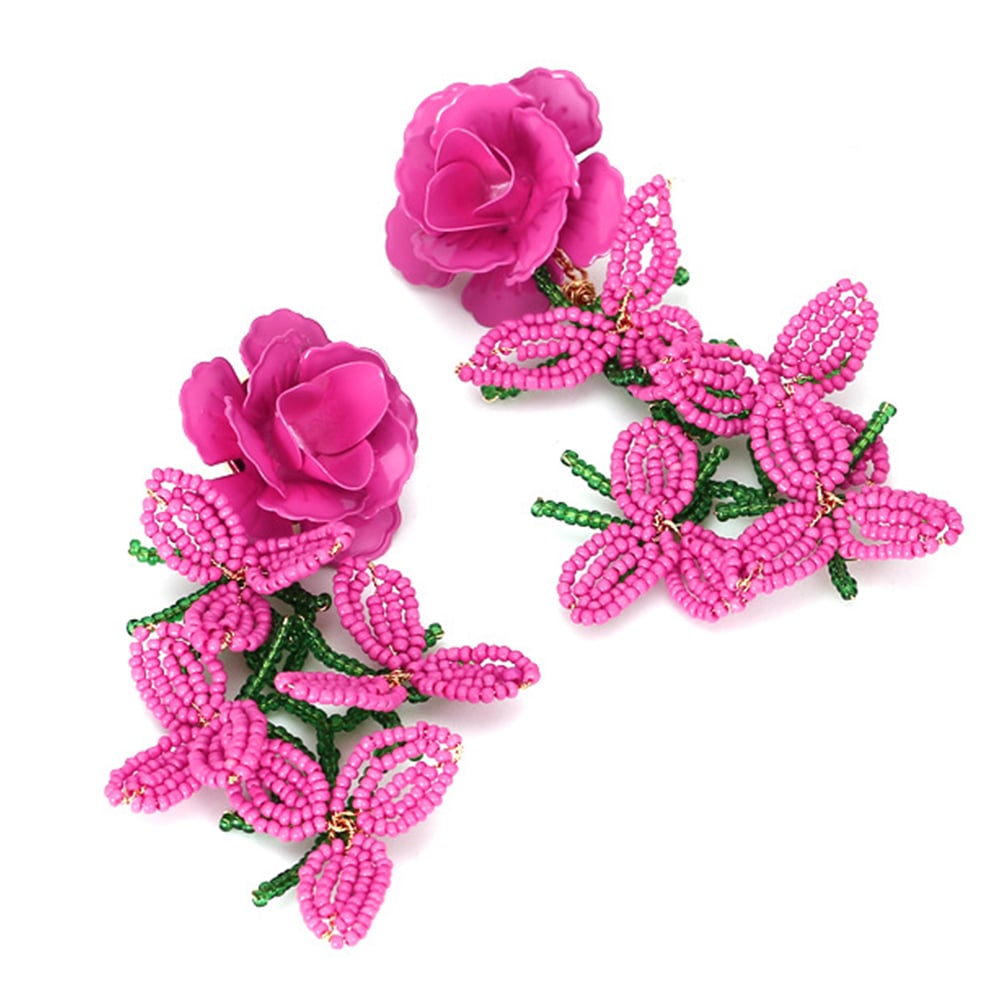 1 Pair Exaggerated Bead Tassel Floral Drop Earrings 